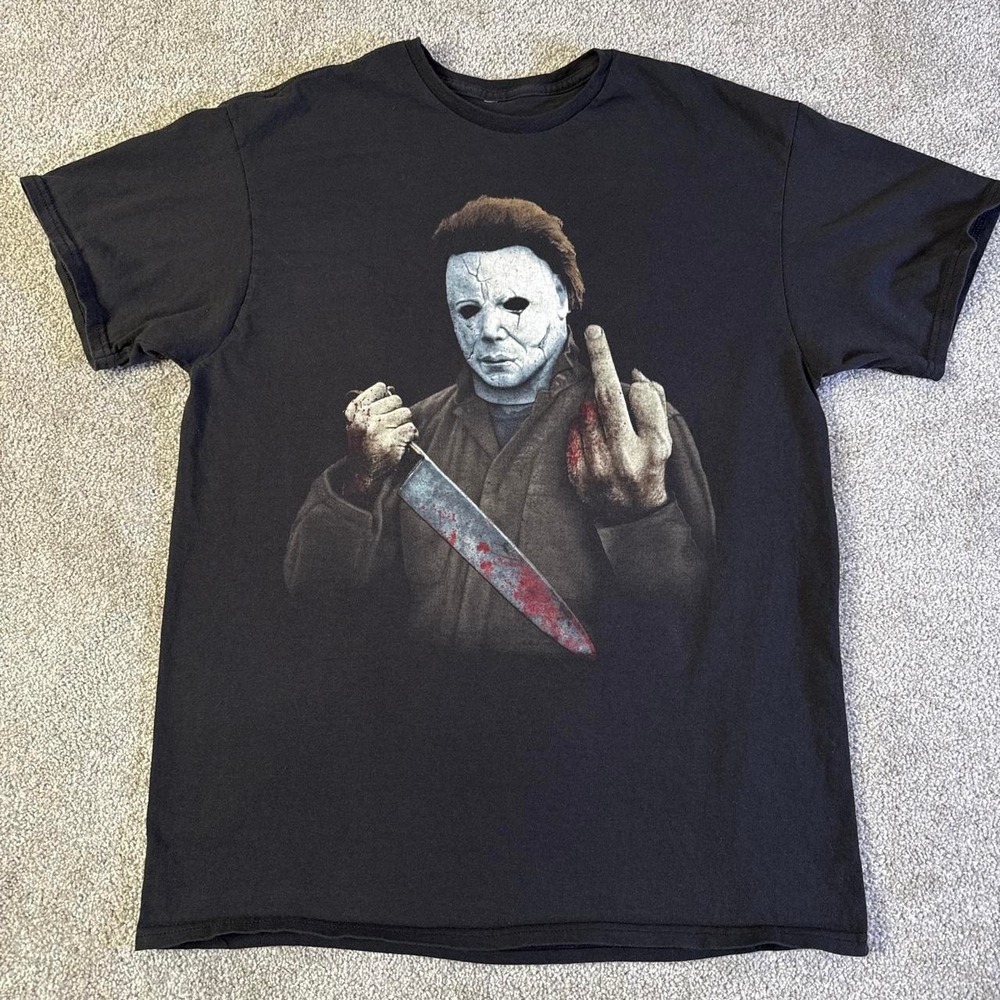 Halloween Michael Myers Black Graphic T-Shirt Middle Finger Men's Large